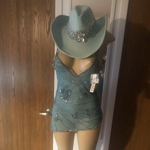 Beaded straw cowboy hat w/ matching top